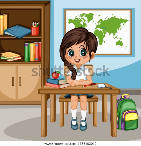 Cute Cartoon Girl Sitting Desk Bookshelf Stock Vektorgrafik