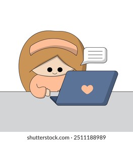 Cute cartoon Girl sitting at laptop in color
