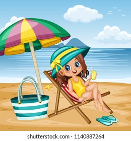 Cute Cartoon Girl Sitting on the Beach Chair with a Juice Glass. Vector Illustration of a Young Smiling Female Character on Seashore Near the Beach Umbrella, with Beach Bag and Slippers