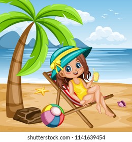 Cute Cartoon Girl Sitting on the Beach Chair with a Juice Glass. Vector Illustration of a Young Smiling Female Character on Seashore Near the Palm and Beach Ball