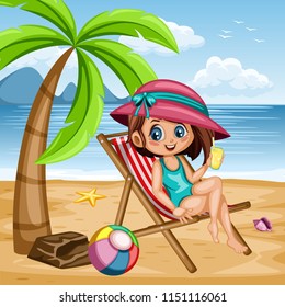 Cute Cartoon Girl Sitting on the Beach Chair with a Juice Glass. Vector Illustration of a Young Smiling Female Character on Seashore Near the Palm and Beach Ball