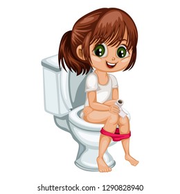 Cute Cartoon Girl Sitting on a Toilet. Little Kid Illustration Using a Toilet Vector Illustration Isolated on a White Background