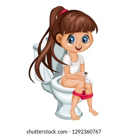 Cute Cartoon Girl Sitting on a Toilet. Little Kid Illustration Using a Toilet Vector Illustration Isolated on a White Background