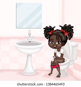 Cute Cartoon Girl Sitting on a Toilet. Little Kid Illustration Using a Toilet Vector Illustration Isolated on a White Background