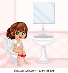 Cute Cartoon Girl Sitting on a Toilet. Little Kid Illustration Using a Toilet Vector Illustration Isolated on a White Background