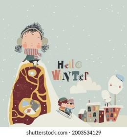 Cute Cartoon Girl sitting on Hillock and meeting Winter