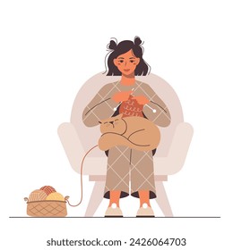 Cute cartoon girl sitting on a chair and knitting. Young woman with sleeping cat on her knees. Vector cosy illustration with nice lady and a pet.