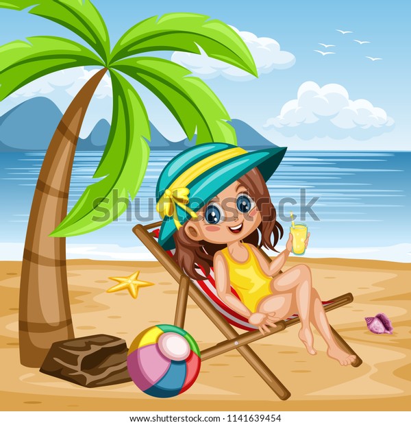 Cute Cartoon Girl Sitting On Beach Stock Vector Royalty Free