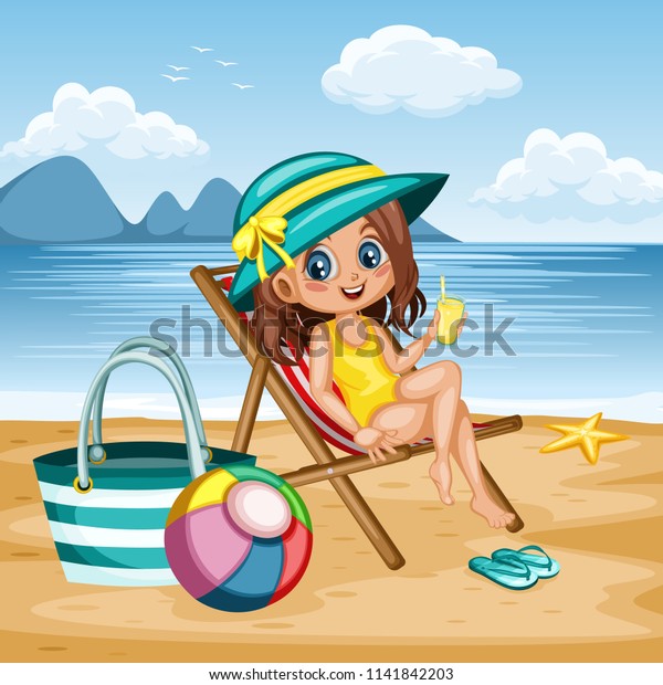 Cute Cartoon Girl Sitting On Beach Stock Vector Royalty Free