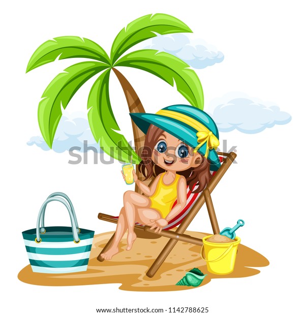 Cute Cartoon Girl Sitting On Beach Royalty Free Stock Image
