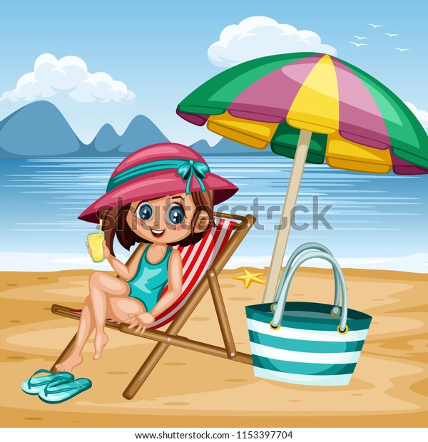 Cute Cartoon Girl Sitting On Beach Nature Stock Image