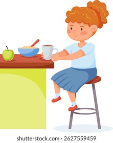 Cute cartoon girl sitting at a table and having breakfast with porridge, milk and green apple, healthy food for kids, colorful vector illustration isolated on a white background