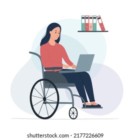 Cute cartoon girl sitting in a wheelchair. A woman is playing with a laptop. Work from home. Vector illustration in a flat style