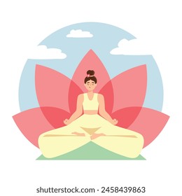 Cute cartoon girl sitting in yoga pose with lotus flower. Meditating and yoga. International yoga day. Female character doing yoga. Vector illustration
