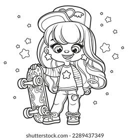 Cute cartoon girl with skateboard and candy outlined for coloring page on white background