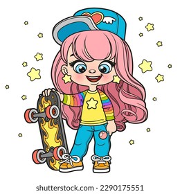 Cute cartoon girl with skateboard and candy color variation for coloring page on white background