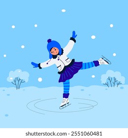 Cute cartoon girl skating on the rink. Vector winter illustration with a teemager plays sports.