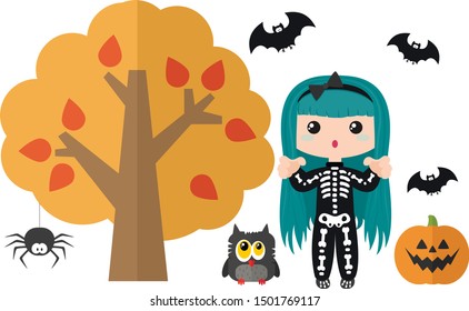 Cute cartoon girl in a skeleton costume. Autumn tree, spider, pumpkin, owl and bat. Illustration for Halloween
