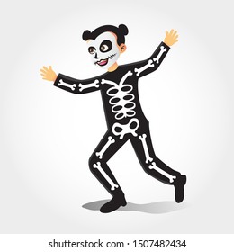 Cute cartoon girl in skeleton costume isolated on white background