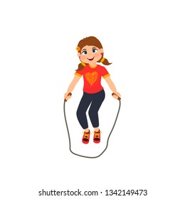 The cute cartoon girl with a skipping rope. Vector illustration isolated on a white background.