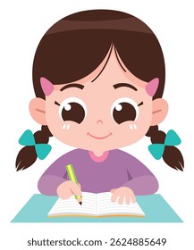 Uma menina de desenho animado bonito sorrindo enquanto escreve em um caderno com um lápis, sentado em uma mesa.
