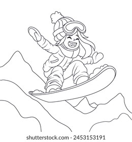Cute cartoon girl snowboarding on a background of snowy mountain landscape. Winter mountain sports activity, ski resort vacation.Black and white