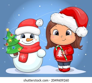 Cute cartoon girl and snowman in Santa's hats. Christmas vector illustration on a blue background.