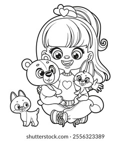 Cute cartoon girl with a soft  plush squirrel, bear and kitten outlined for coloring page on white background. Image produced without the use of any form of AI software at any stage.