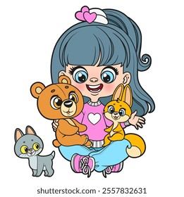 Cute cartoon girl with a soft  plush squirrel, bear and kitten on white background. Image produced without the use of any form of AI software at any stage.