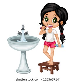 Cute Cartoon Girl Standing on a Chair and Brushing Her Teeth. Little Kid Vector Illustration Holding a Tooth Paste and Tooth Brush Standing Next to Sink