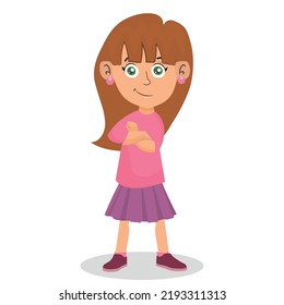 Cute cartoon girl stands in a confident pose, arms crossed over his chest. Colored illustration of isolated children.