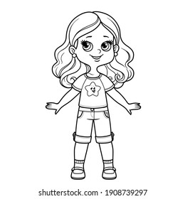 Cute cartoon girl in star print T-shirt and denim shorts outline for coloring on a white background.eps