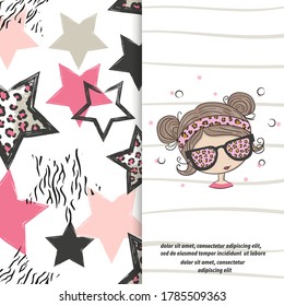 Cute cartoon girl and stars pattern. Vector set for kids textile, fabric design.