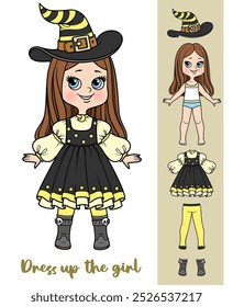 Menina de desenho animado bonito com cabelo liso com roupas para Halloween bruxa traje constructoractivity, vestuário, bola, vestido de bola, descalço, bonito, beleza, desenho animado, personagem, personagens, alegre, chi