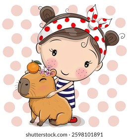 Cute Cartoon Girl in a striped dress with capybara on a dots background