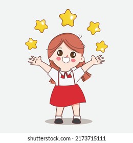 Cute cartoon girl student character happy with five stars rating. Doodle hand drawn children.