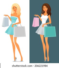 cute cartoon girl in summer dress, shopping