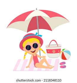 Cute Cartoon Girl Sunbathing In Summer, Illustration,vector