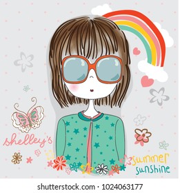 Cute cartoon girl with sunglasses Girl illustration wearing sun glasses. girl vector, summer graphic, print, seaside , beach, butterfly. rainbow