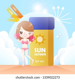 the cute cartoon girl with sunscreen protected 