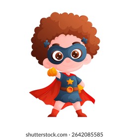 A cute cartoon girl in a superhero costume with curly brown hair, wearing a mask and a red cape. Shes striking a heroic pose, ready to save the world with her powers.