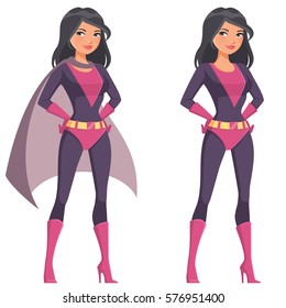 cute cartoon girl in superhero costume. Beautiful woman in superhero costume. Girl power concept.