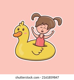 Cute cartoon girl in a swim balloon in vector illustration. Isolated human vector. Flat cartoon style