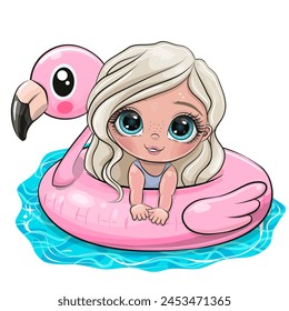 Cute cartoon Girl swimming on pool ring inflatable flamingo