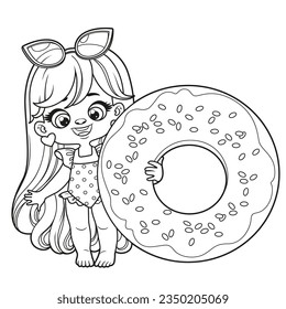 Cute cartoon girl in a swimsuit  with donut inflatable ring for swimming coloring page on white background