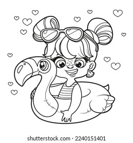 Cute cartoon girl in a swimsuit and with an flamingo inflatable ring for swimming coloring page on white background