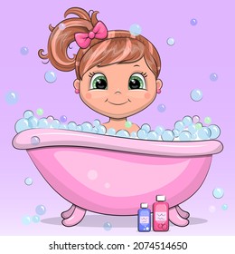 Cute cartoon girl is taking a bath. Vector illustration on a lilac background with bubbles.