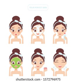 Cute cartoon girl taking care of her acne prone skin. Skincare routine vector icon set.