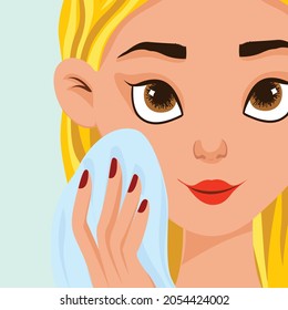 Cute cartoon girl taking care of her acne prone skin. Skincare routine vector icon set.