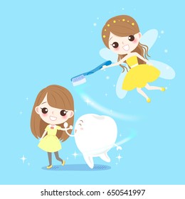 cute cartoon girl with tooth fairy on the blue background